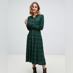Forest Green Long Sleeve Button-Up Midi Dress